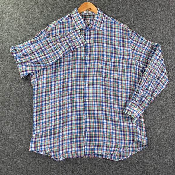 Peter Millar Linen Shirt Men Extra Large Plaid Button Up Long Sleeve Modern - Picture 2 of 8